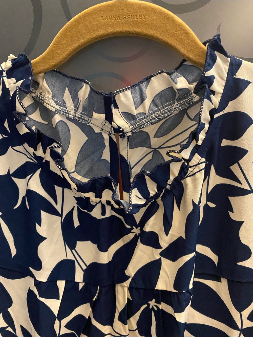 Laura Ashley Navy and White Floral Ruffle Neck Dress